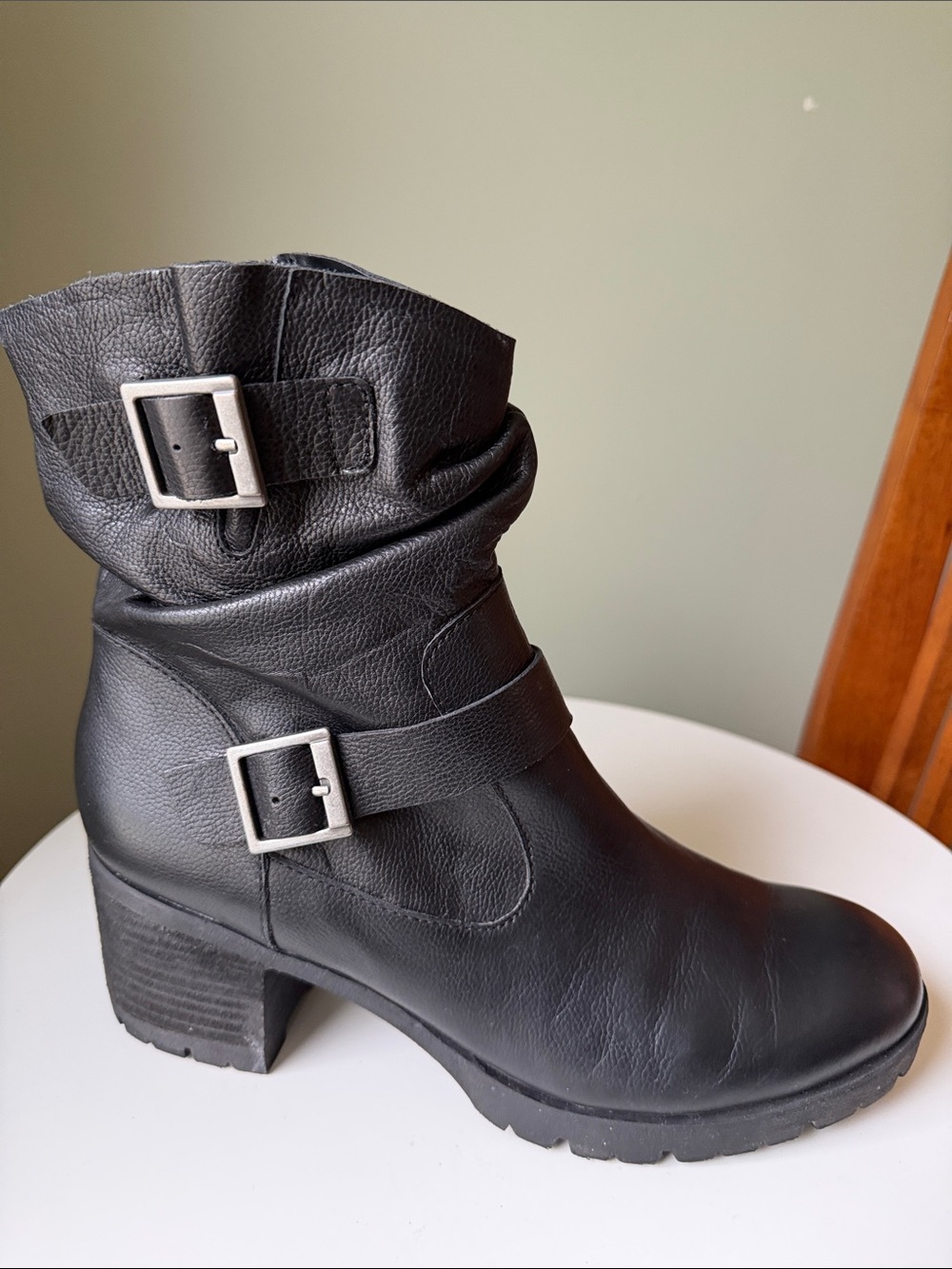 Korks "Amund" Black Leather Slouch Moto Boot by Kork-Ease Buckle Lug Sole Biker